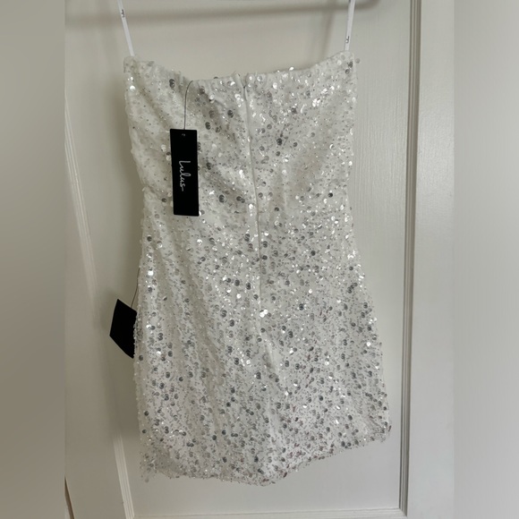 White Sequin Pearl Strapless Mini Dress - Picture 3 of 8